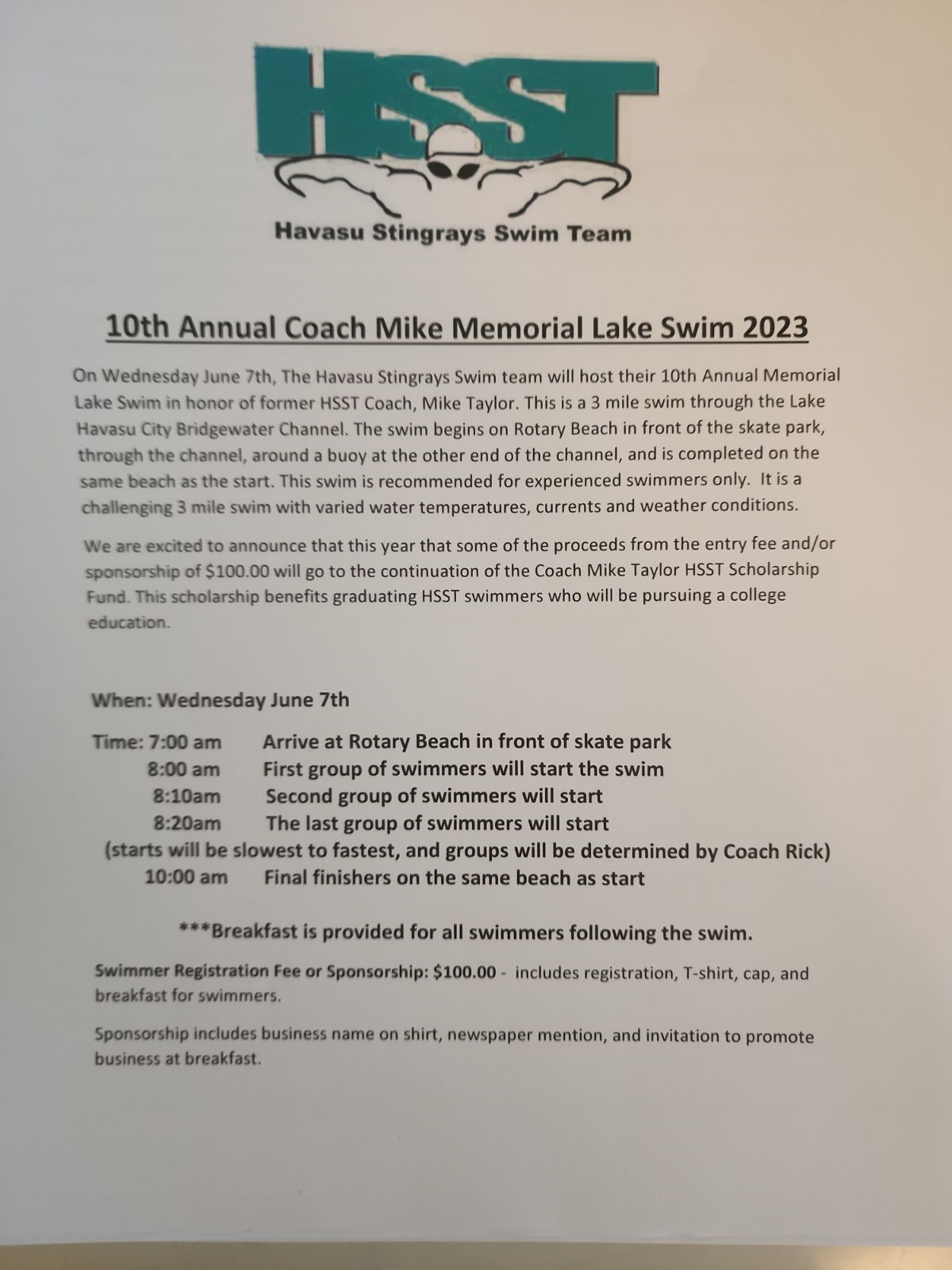10th Annual Coach Mike Memorial Lake Swim 2023